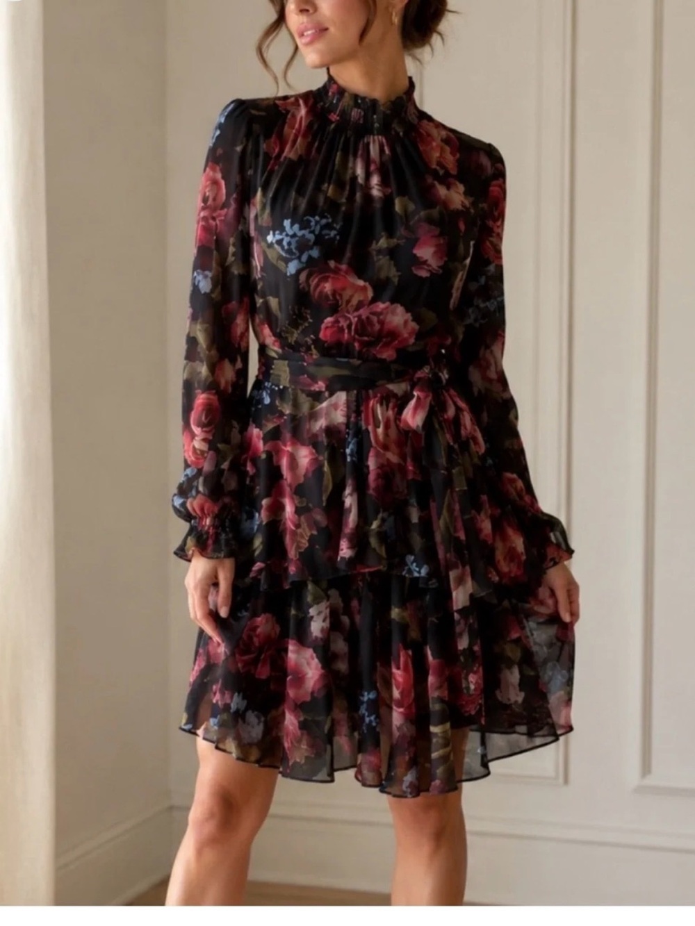 Alex Marie Black Floral Long-Sleeve Tiered Dress